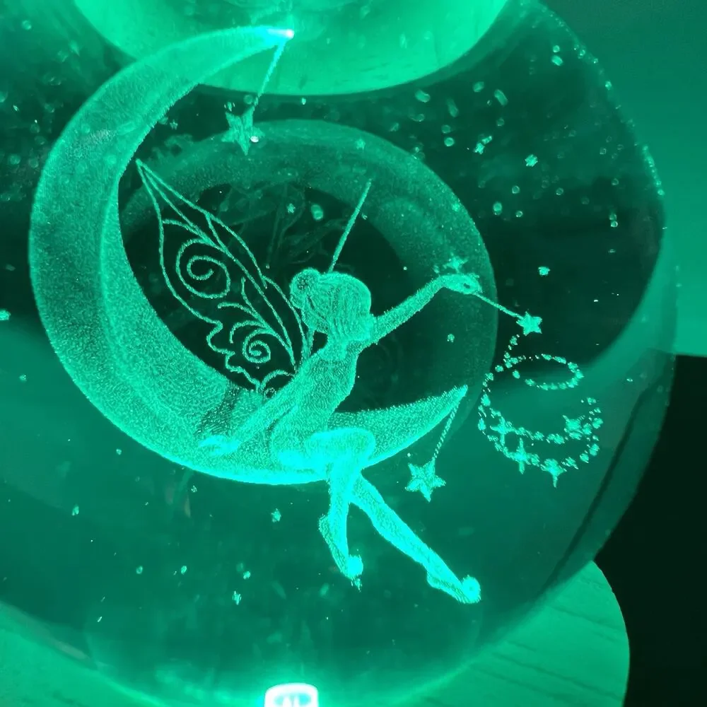 Lighted Tinkerbell Moon Fairy Glass Orb Ball Paperweight Night Light 2.5